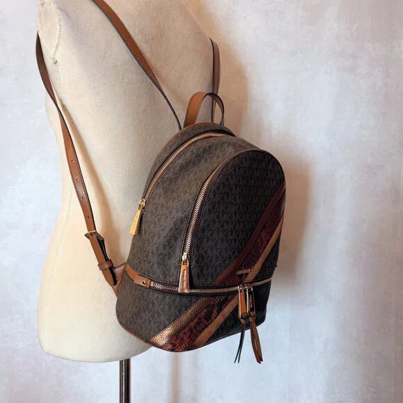 Michael Kors Rhea Zip Signature Backpack Monogram Snake Print Brown/Black Medium Michael Kors Signature Rhea Medium Zip Backpack Brown  main image 3
